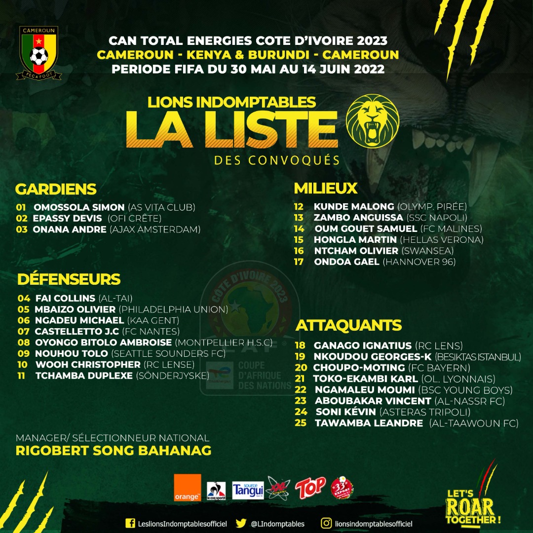 Cameroun CAN 2023 (Q) La liste de Rigobert Song dévoilée