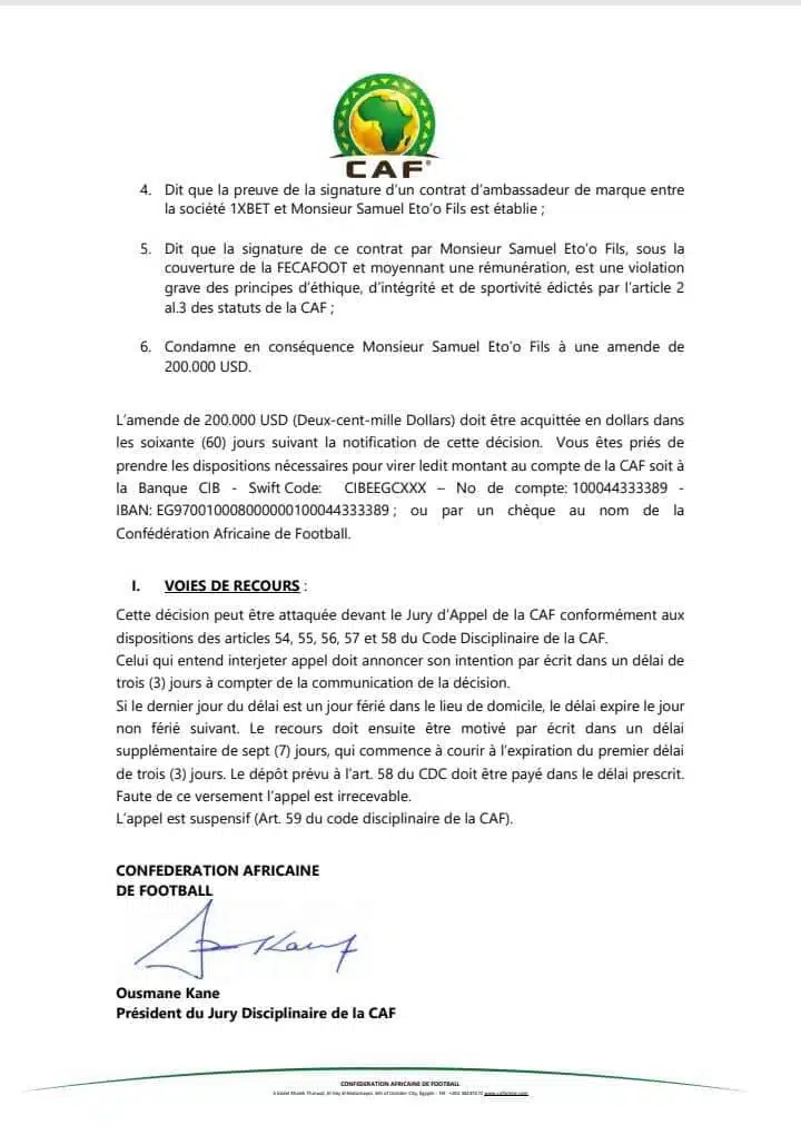 L'intégralité de la condamnation de Samuel Eto’o dévoilée