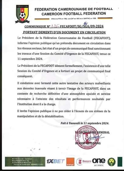 Marc Brys suspendu ? La Fecafoot dément un "faux communiqué" et dénonce une campagne de manipulation