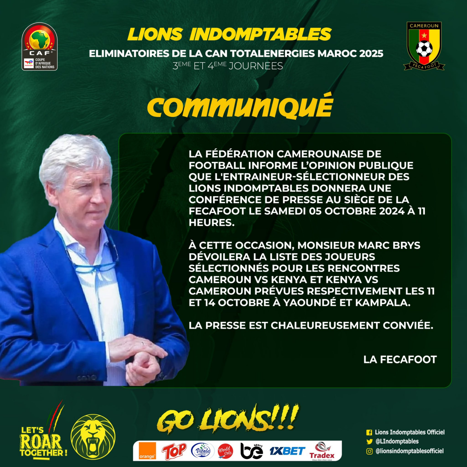 Marc Brys dévoile la liste des Lions Indomptables ce samedi pour Cameroun-Kenya